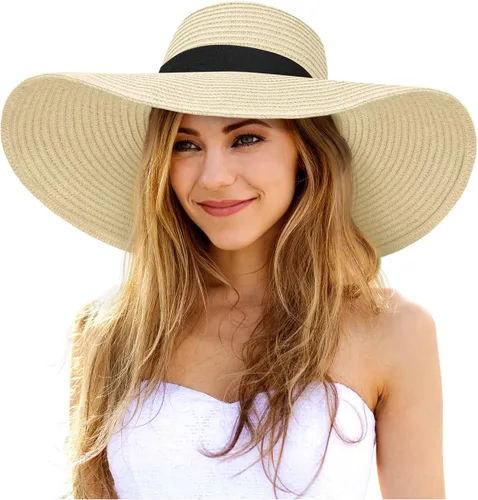 Vista 10 de Sombreros de sol flexibles para mujer, sombrero de playa de paja de ala Caqui