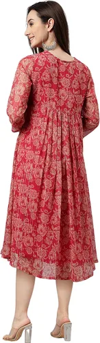 Vista 5 de Janasya Indian - Vestido acampanado de gasa rosa oscuro con estampado floral lúrex para mujer