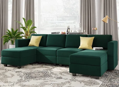 Vista 3 de Belffin Sofá Seccional Modular de Gran Tamaño en Forma de U Sofá Seccional con Chaise Reversible Sofá Modular de Terciopelo en Forma de U con Verde