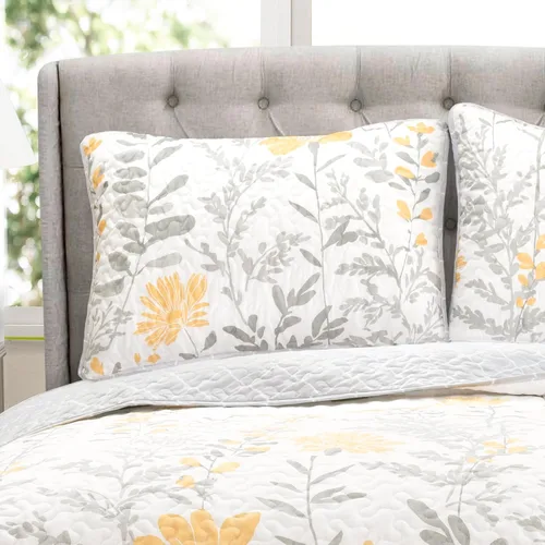 Vista 2 de LUSH DECOR - Juego de ropa de cama reversible, 3 piezas, diseño de hojas, color gris tamaño King Amarillo y gris