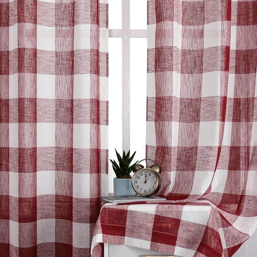 Vista 2 de Panel de cortina traslúcido rojo de 54 pulgadas de largo, cortinas de ventana a cuadros a cuadros estilo granja, tratamiento superior de gasa