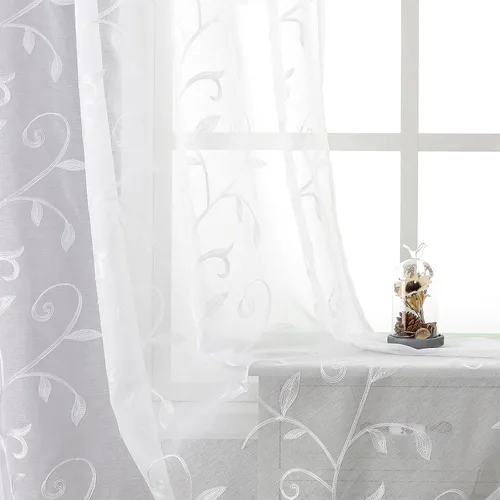 Vista 14 de VISIONTEX 2 paneles de cortinas traslúcidas de 63 in de largo, cortinas de gasa semitransparentes bordadas con hojas florales beige, bolsillo