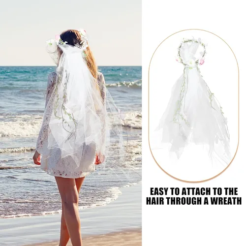 Vista 3 de Minkissy Diadema de velo de novia, diadema de velo blanco, corona de flores con cinta ajustable para mujer