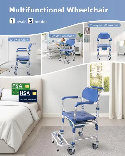 Vista 2 de Silla de ruedas con brazos caídos y ruedas bloqueables, silla de ducha de aluminio impermeable, capacidad de 330 libras, inodoros portátiles