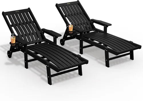 Vista 25 de THOEOE Juego de 2 tumbonas para exteriores, silla de piscina HDPE, madera