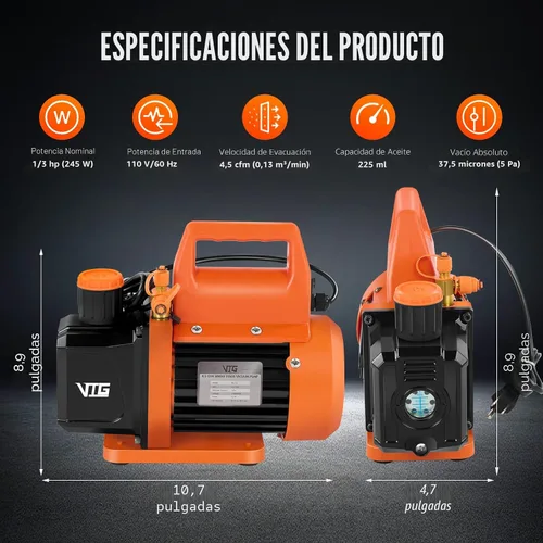 Vista 2 de VTG VOGTEN Bomba de Vacío AC de 4.5 CFM y Juego de Manómetros, para Mini Split, HVAC, Sistemas Automotrices, Kit de Manómetro Múltiple Compatible