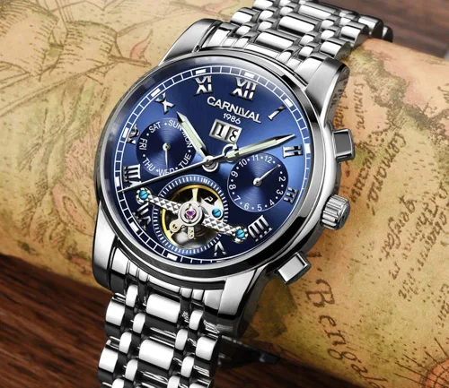 Vista 4 de CARNIVAL Mens tourbillon Automatic Mechanical Watch Silver Stainless Steel Multifunction Blue Watches