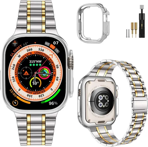 Vista 22 de MioHHR - Correas sólidas de acero inoxidable compatibles con Apple Watch de 38 mm, 40 mm, 41 mm, correa de metal con estuche suave de TPU para Negro