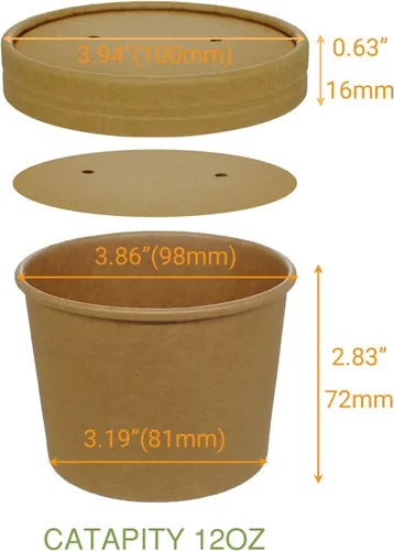 Vista 2 de Vasos de papel para helado con tapas de papel, tazas de sopa caliente/fría con tapas (kraft) (50, 12 onzas)