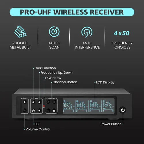 Vista 4 de Sistema de micrófono inalámbrico, micrófonos de mano inalámbricos de 4 x 50 canales, rango UHF de 200 pies, micrófonos con transmisión de señal