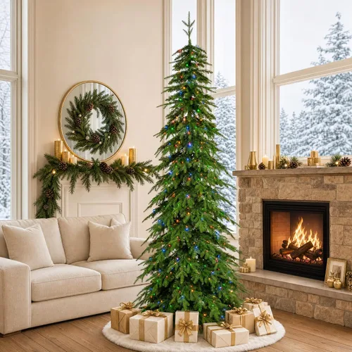 Vista 14 de Glitzhome Árbol de Navidad Artificial de 7.5 pies, Árbol de Navidad Tipo Lápiz Preiluminado con Efecto Nevado Chicago Frostwood Spruce con 350 Luces
