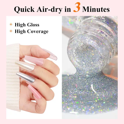 Vista 4 de Juego de esmaltes de uñas regulares de secado rápido, 6 colores plateados con purpurina metálica y esmalte de uñas de gelatina rosa y rojo nude