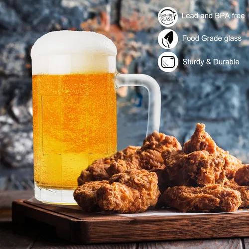 Vista 5 de Paquete de 4 tazas de vidrio resistentes, vasos de cerveza grandes de 16 onzas con asa, aptas para congelador, juego de tazas de cerveza clásicas