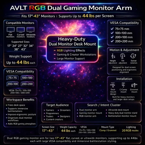 Vista 8 de AVLT RGB Lights Dual 17"-43" Gaming Monitor Arm Soporte de escritorio, se adapta a dos pantallas planas/curvas/ultraanchas de hasta 44 libras