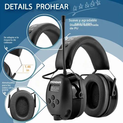 Vista 7 de PROHEAR 033 - Auriculares con radio AM/FM Bluetooth 5.4 - Batería recargable USB C de 2000mAh - Auriculares con radio para protección auditiva