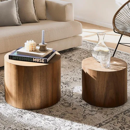 Vista 20 de Mesa auxiliar redonda pequeña, moderna mesa auxiliar anidable de madera para sala de estar, sin montaje, color beige S1-beige
