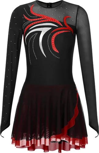 Vista 4 de Vestidos líricos de patinaje artístico para mujer, leotardos de baile de diamantes de imitación, uniformes de baile de ballet mayorette