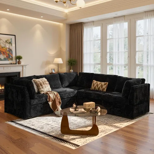 Vista 30 de Ovios - Sofá modular con diván en forma de U y otomanas, cómodo y mullido, tapizado en pana estilo nube, moderno, asiento profundo, juego de sofás
