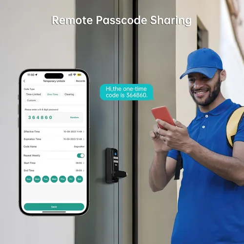 Vista 3 de Cerradura inteligente WiFi sin llave con asa, teclado de huellas dactilares Hornbill, palanca de bloqueo de puerta, cerrojo eléctrico, desbloqueo