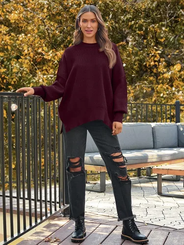 Vista 213 de Lillusory - Suéter extragrande con mangas de murciélago y cuello redondo para mujer, prenda moderna de otoño de tejido de punto sin botones