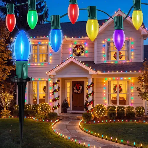 Vista 10 de Brightown C9 LED Christmas Pathway Lights, 25.8 Ft Christmas Path Lights with 20 Bulbs and Stakes, Connectable Waterproof String Light for Walkway