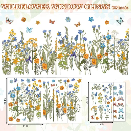 Vista 5 de Whaline 6 Hojas de Calcomanías de Ventana de Flores Silvestres de Verano Vintage Azul Naranja Acuarela de Doble Cara Reutilizables Florales