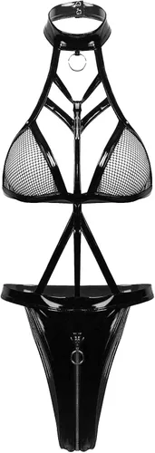 Vista 4 de Body halter de una pieza para mujer sexy de piel con aspecto mojado lencería con tiras para dormir