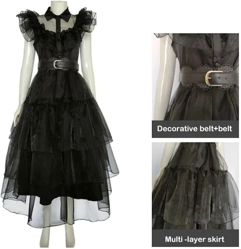 Vista 3 de MANYUN Vestido del miércoles de Merlina Addams, vestido de disfraz para niños y niñas, disfraz de Halloween para fiesta de cosplay