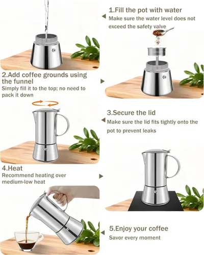 Vista 8 de Cafetera Express de acero inoxidable 304, 2 tazas de 3.3 oz/3.4 fl oz, cafetera italiana para el hogar, cocina y campamento, todas las estufas