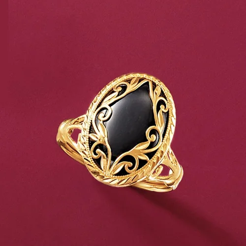 Vista 4 de Ross-Simons Black Onyx Scrollwork Ring in 14kt Yellow Gold