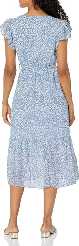 Vista 2 de PRETTYGARDEN - Vestido floral para mujer estilo bohemio, cruzado, con cuello en V, manga corta, con cinturón, dobladillo con volantes, acampanado