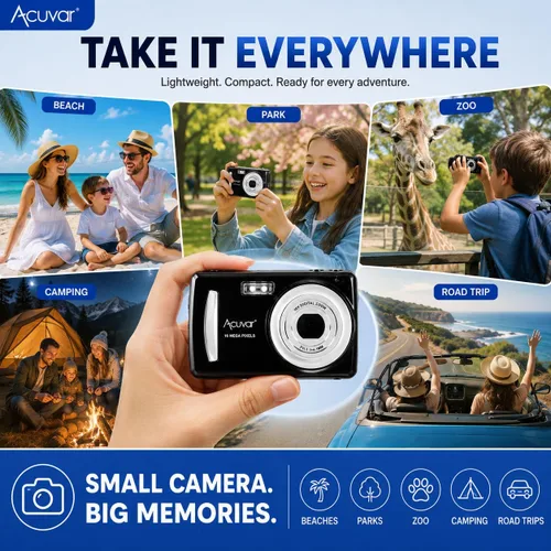 Vista 9 de Acuvar - Cámara digital de 16 MP, cámara compacta de apuntar y disparar con pantalla LCD de 2.4 pulgadas, tarjeta micro SD de 32 GB, cámara de viaje