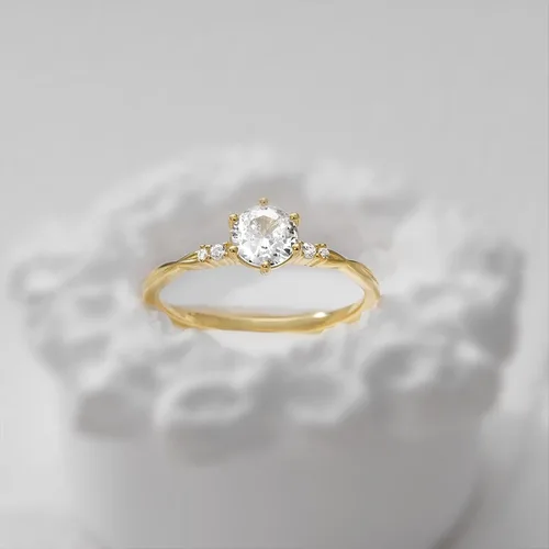 Vista 4 de Anillo de novia, divertido anillo de compromiso de oro amarillo de 9K14K delicado con moissanita redonda