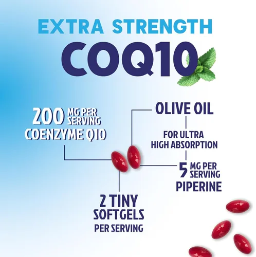 Vista 3 de Cápsulas blandas CoQ10 – Coenzima de ultra alta absorción Q10 200 mg por porción – Suplemento Co Q 10 Softgel con pimienta negra, energía y apoyo