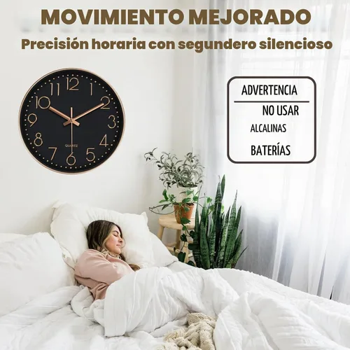Vista 6 de Reloj de pared silencioso de 12 pulgadas, relojes de pared sin tictac que funcionan con pilas, para decoración de sala de estar, reloj de pared Oro