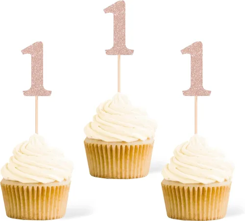 Vista 26 de Gexolenu 24 piezas doradas de doble cara para cupcakes de primer cumpleaños, decoración de pasteles, decoración de primera fiesta de cumpleaños Oro