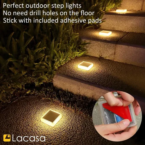 Vista 3 de Lacasa – Luces de terraza solares, paquete de 4 luces LED de 30LM para muelle, blanco cálido 2700K, luces de escalones exteriores alimentadas por