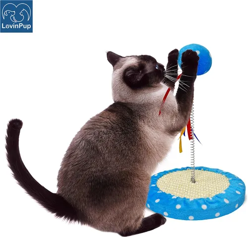 Vista 4 de Pequeño árbol de juguete rascador para gatos con pelota – Juguetes para gatos rascadores de interior con cintas coloridas + base duradera – Juguetes