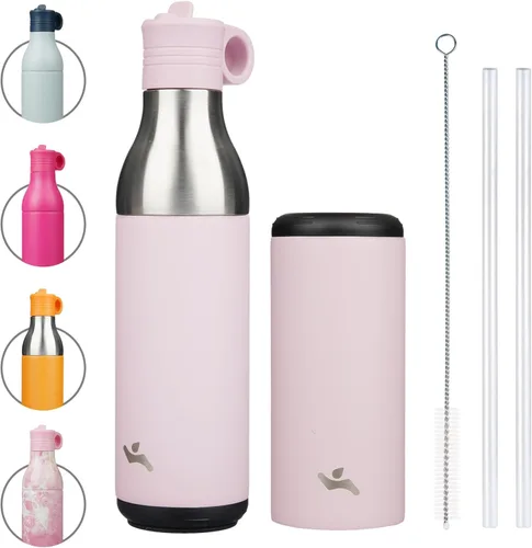 Vista 12 de Konokyo Botella de agua de acero inoxidable de 13 onzas con pajilla, aislada, botella de viaje de metal reutilizable con parte inferior extraíble