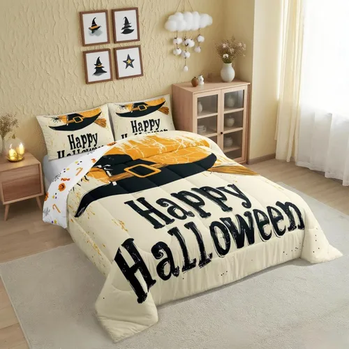 Vista 29 de Feelyou Juego de edredón de calabaza para todas las estaciones, decoración de Halloween, juego de ropa de cama con 1 funda de almohada, microfibra