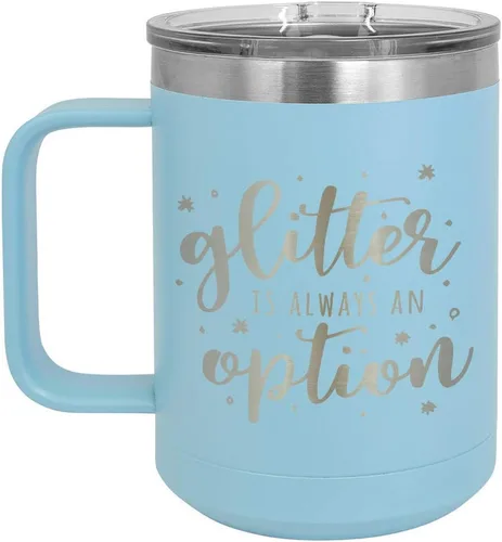 Vista 7 de GLITTER IS SIEMPRE UNA OPCIÓN Negro Taza de café de 15 oz con tapa deslizante Taza de café de viaje con aislamiento Ideas de regalos
