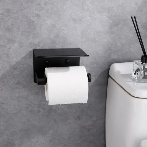 Vista 3 de Soporte de papel higiénico de pared con estante para teléfono, soporte de papel de almacenamiento, dispensador de papel adhesivo negro con estante