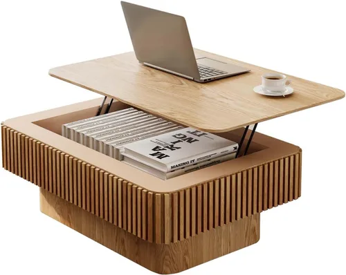 Vista 17 de Mesa de café cuadrada pequeña con almacenamiento, mesa de café moderna de madera con chapa de madera maciza, mesa central estriada