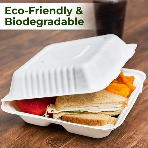 Vista 6 de Contenedores biodegradables para llevar de 9 pulgadas, paquete de 100, cajas compostables para llevar con tapa con bisagras integrada