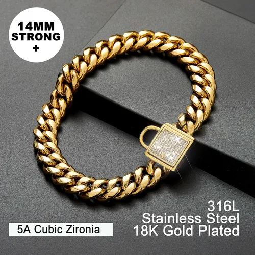 Vista 4 de Collar de cadena para perro con cierre de circonita cúbica de 0.551 in, acero inoxidable, chapado en oro de 18 quilates, cadena cubana