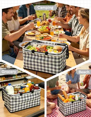 Vista 7 de Cesta de picnic aislada, bolsa enfriadora plegable, cesta de comestibles de 32 litros con tapa, 2 asas resistentes, cesta de almacenamiento
