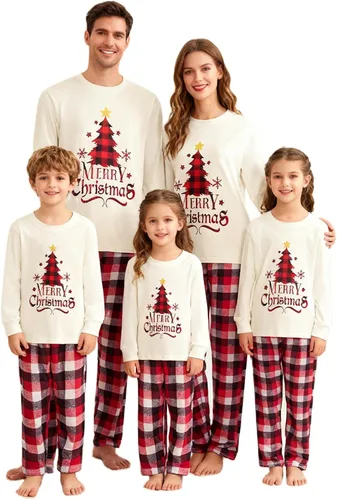 Vista 35 de Awoscut - Conjunto de pijamas navideños a juego, con estampado en la parte superior y pantalones a cuadros #B-7