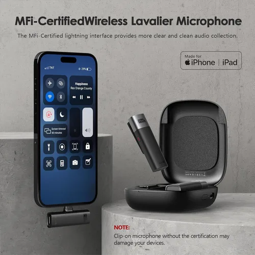 Vista 2 de PIXEL Micrófono inalámbrico Lavalier (certificado MFi), paquete de 2 micrófonos de solapa compatibles con todos los dispositivos Lightning. Plug and
