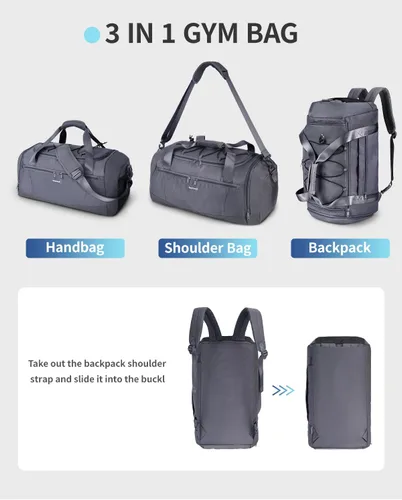 Vista 3 de Sportsnew Bolsa de gimnasio para mujeres y hombres con compartimento para zapatos y bolsillo húmedo, bolsa de deporte con soporte para esterilla