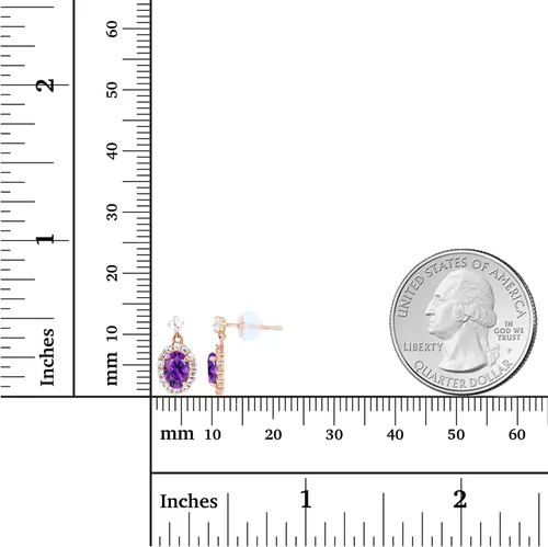 Vista 3 de Aretes colgantes de oro macizo de 14 quilates de 0.256 x 0.512in con halo ovalado de piedra natal genuina para mujer, piedra natal redonda de 0.23 x
